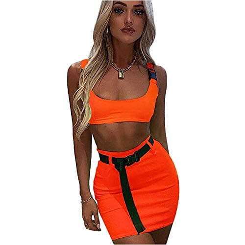 AIBEARTY Women's Sexy Buckle Tank & Mini Skirt Rave Outfit