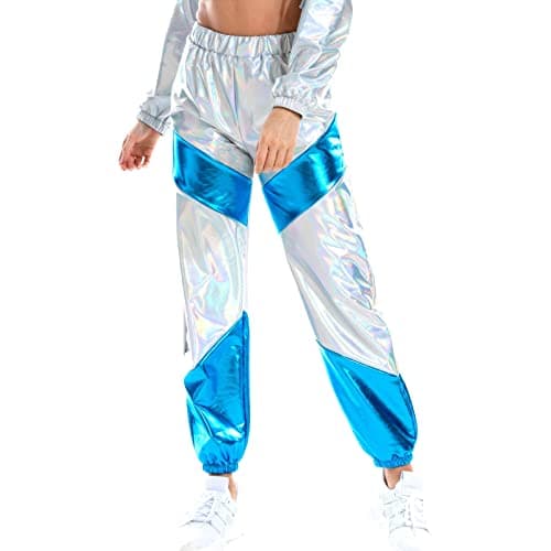 IMEKIS Women's High Waist Metallic Rave Jogger Pants Hip Hop Streetwear