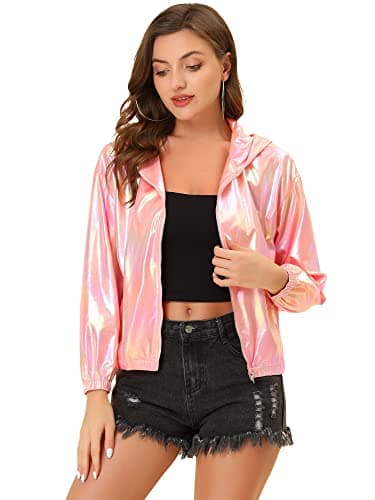 Holographic Shimmer Zipper Hooded Metallic Jacket for Women