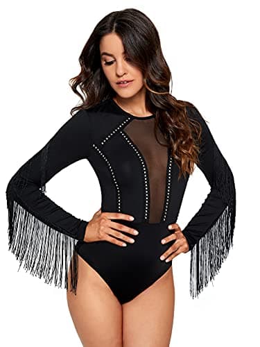SweatyRocks Women's Sheer Mesh Cowgirl Bodysuit with Fringe Long Sleeves