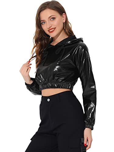 Holographic Metallic Crop Top Hoodies for Women