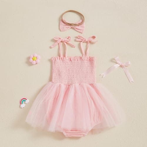 SAYOO Baby Girls Donut Embroidery Smocked Romper Dress for 1st Birthday Tulle Bodysuit