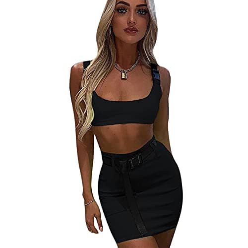 AIBEARTY Women's Sexy Buckle Tank & Mini Skirt Rave Outfit