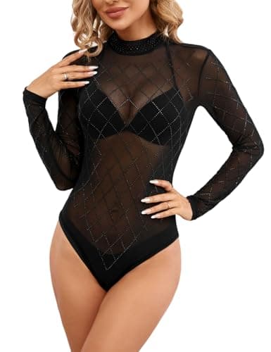 UEOIOW Women's Sheer Mesh Rhinestone Bodysuit Tops