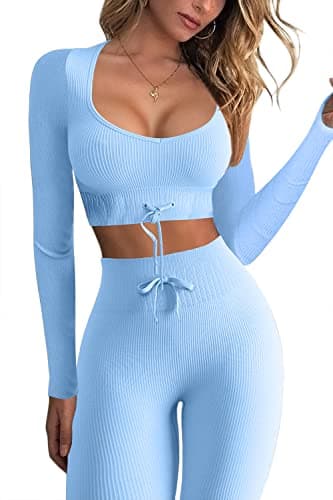 QINSEN Women's Seamless Workout Set - Long Sleeve Crop Top and High Waist Leggings