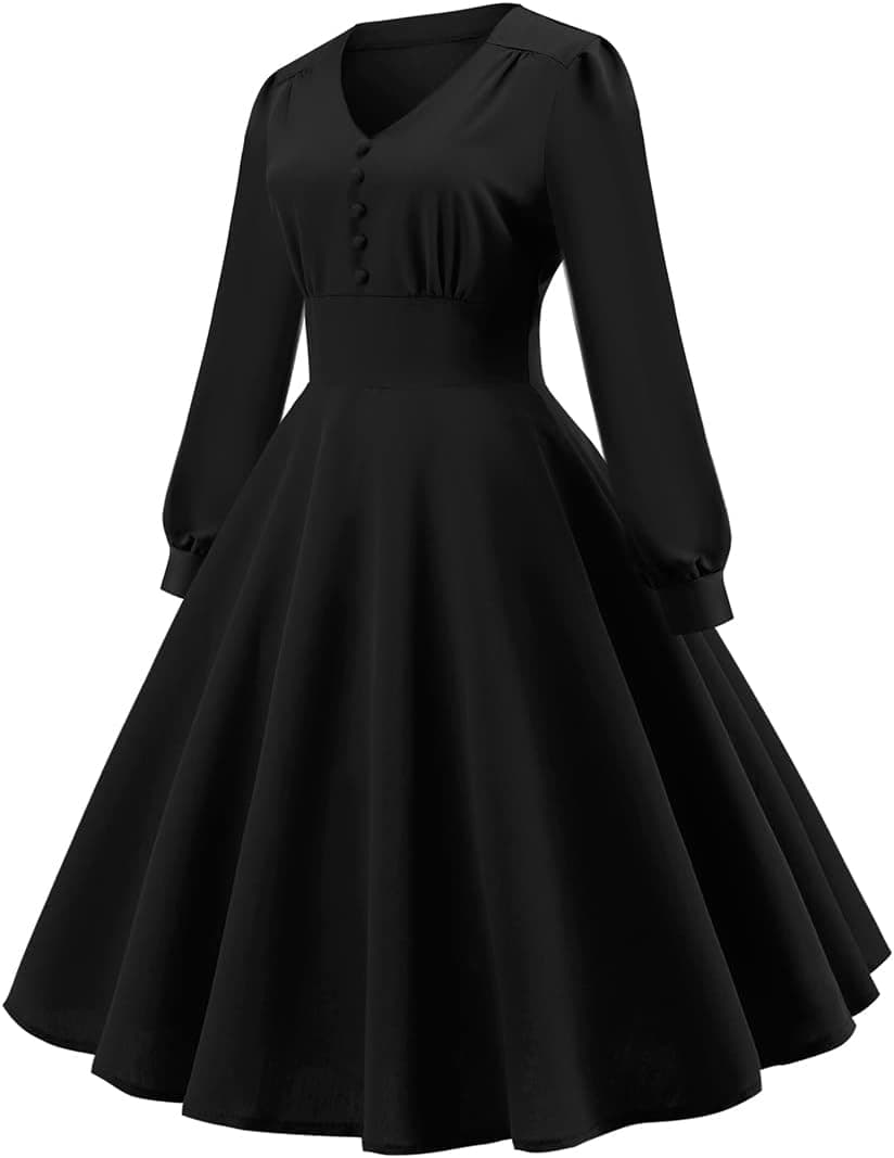 Retro 1950s Cocktail Dress for Women Vintage Long Puff Sleeve V Neck A Line Wedding Guest Dress