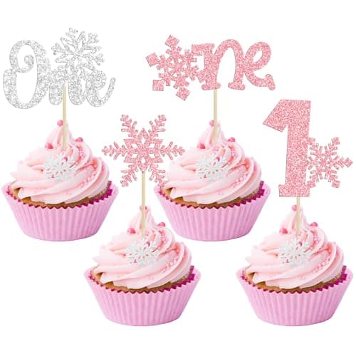 Gyufise 24 Pack Blue Silver Glitter Snowflake Cupcake Toppers for Winter Birthday