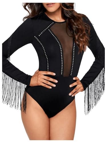 SweatyRocks Women's Sheer Mesh Cowgirl Bodysuit with Fringe Long Sleeves