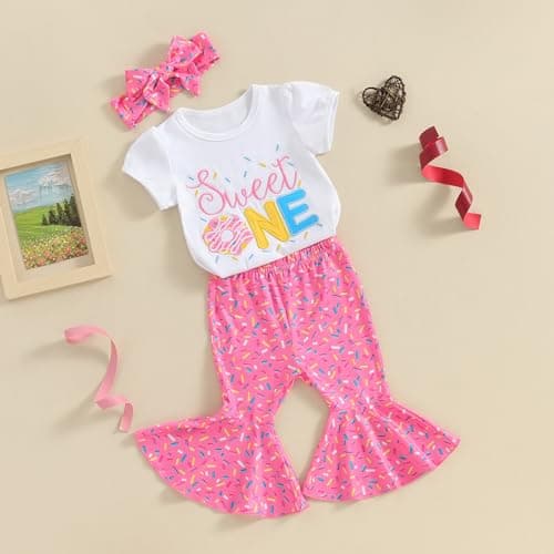 3Pcs Baby Girl Birthday Outfit Sweet One Two Short Sleeve T-Shirt Tops Bell Bottom Pants Set
