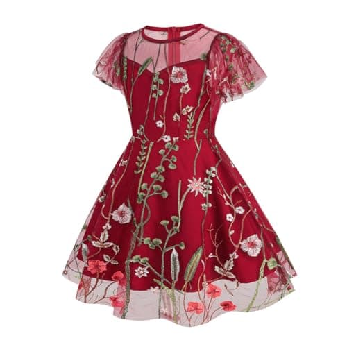 Vintage Floral Embroidered Mesh Flower Girls Swing Dress