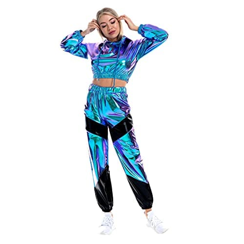 Women's Metallic Shiny Crop Top Hoodie and Long Pants Outfit for Rave Outfits and Disco Dance Clubwear