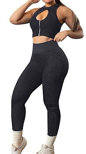 OLCHEE Women's Seamless Ribbed Workout Set - Acid Wash Yoga Leggings and Keyhole Crop Top Bra