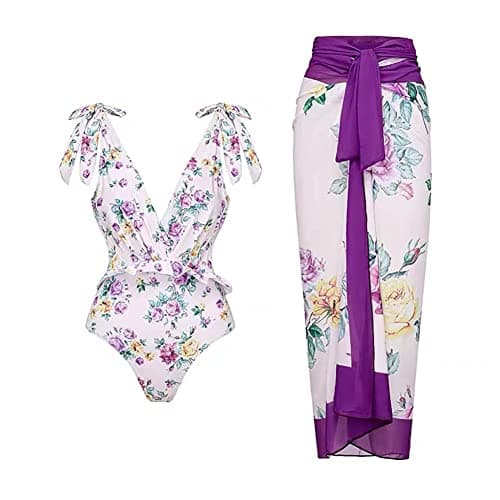 IMEKIS Women’s Floral Print Bikini Set with Wrap Skirt