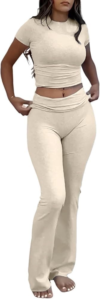 ZFLM Casual Women's Workout Two-Piece Sets - High Waist Crop Top & Flare Pants