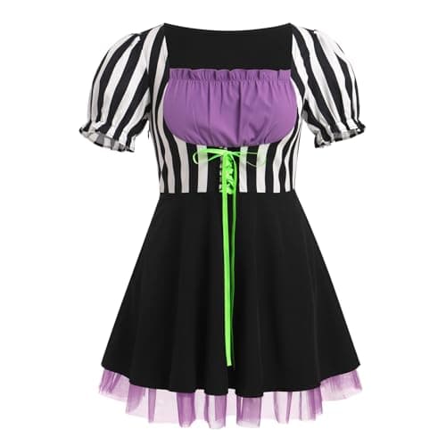 IMEKIS Women Black & White Striped Halloween Costume Lace-Up Tulle Gothic Dress Cosplay