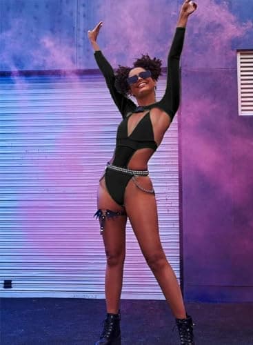 Ella Lust Rave Outfits: Neon Bodysuit & Mesh Crop Top Set for Women