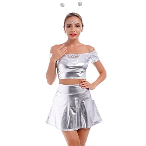 Alien Costume Set for Women - Crop Top, Mini Skirt, Headband - Halloween Cosplay