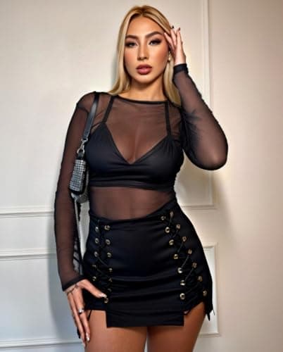 Women's Long Sleeve Bodycon Sheer Blouse See Through Mesh Top