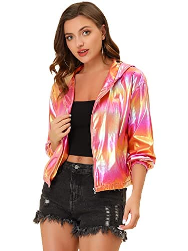 Holographic Shimmer Zipper Hooded Metallic Jacket for Women
