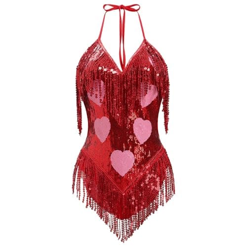 FYMNSI Women's Rave Bodysuit: Sleeveless Sequin Tassel Leotard for Nightclub and Halloween