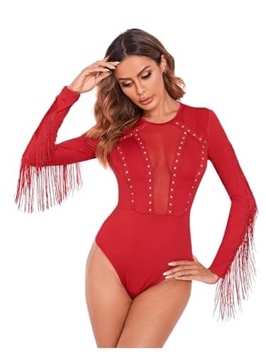SweatyRocks Women's Sheer Mesh Cowgirl Bodysuit with Fringe Long Sleeves