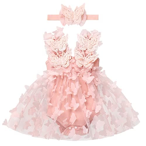 Newborn Baby Girl 1st Birthday Lace Tulle Romper Dress with Floral Headband