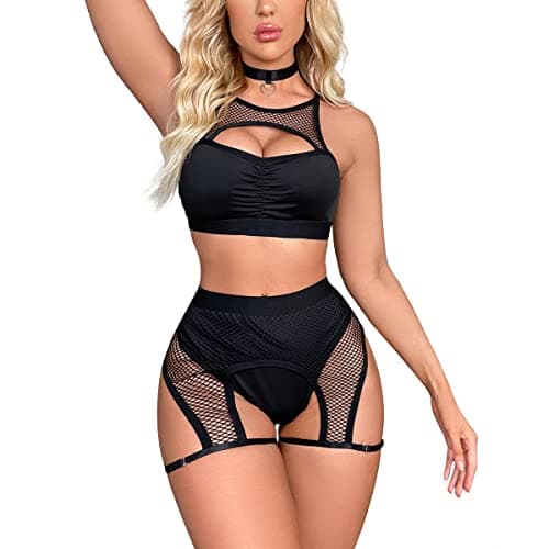ABAFIP Women's Festival Rave Outfits: Fishnet Top & Shorts Choker Nightwear