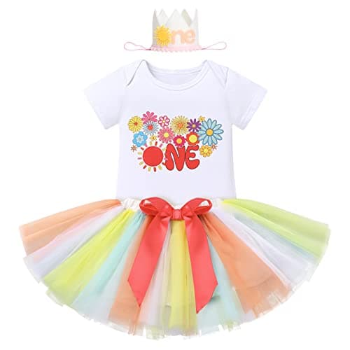 IBTOM CASTLE Baby Girl 1st Birthday Floral Lace Romper & Tutu Set+Crown Photo Clothes
