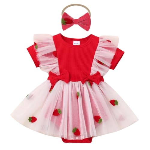 Newborn Baby Girl 1st Birthday Strawberry Butterfly Romper Dress with Headband for Cake Smash Photoshoot