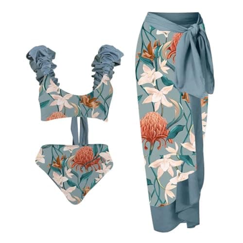 Women's Tropical Floral Print One Piece Swimsuit with Cover up Wrap Skirt