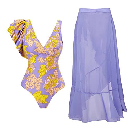 IMEKIS Women’s Floral Print Bikini Set with Wrap Skirt