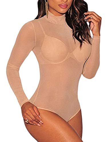 Sheer Mesh Long Sleeve Bodysuit for Women