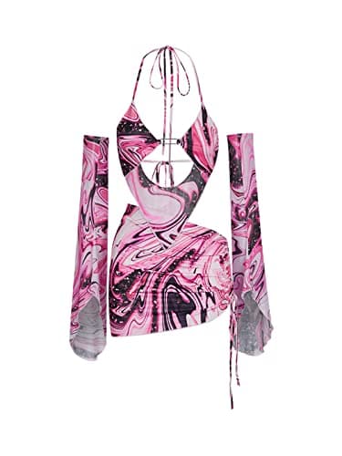 Women Marble Print Halter Backless Mini Dress