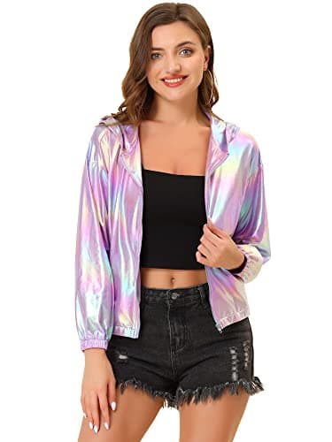 Holographic Shimmer Zipper Hooded Metallic Jacket for Women