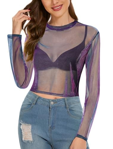 Women's Long Sleeve Bodycon Sheer Blouse See Through Mesh Top
