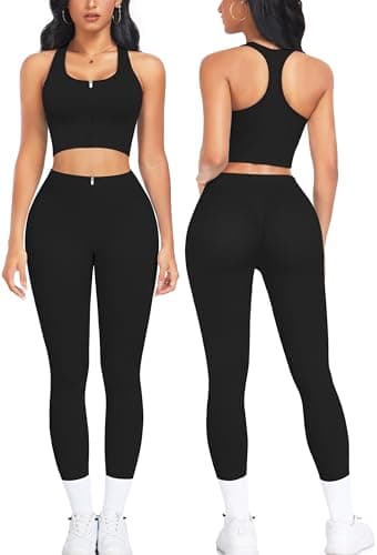 OLCHEE Women's Seamless Ribbed Workout Set - Acid Wash Yoga Leggings and Keyhole Crop Top Bra