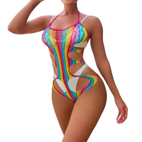 MINGSEECESS Women's Rainbow Striped See-Through Bodysuit Bikini Cover-Up