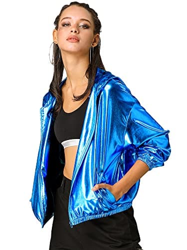 Holographic Shimmer Zipper Hooded Metallic Jacket for Women