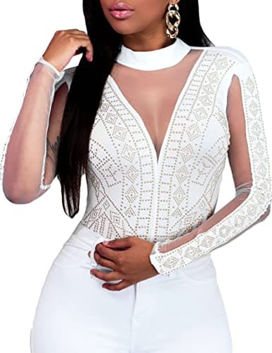 Sheer Mesh Turtleneck Bodysuit for Ladies