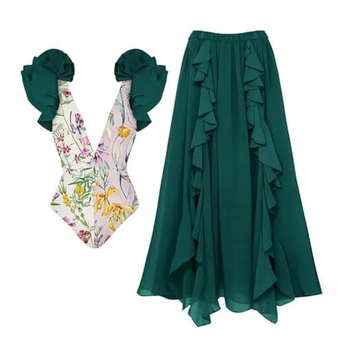 Women's Tropical Floral Print One Piece Swimsuit with Cover up Wrap Skirt