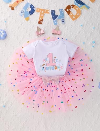 IMEKIS Baby Girl Half 1st 2nd Birthday Outfit Romper Confetti Tutu Skirt Dog Ears Hair Clips for Cake Smash Photo Shoot