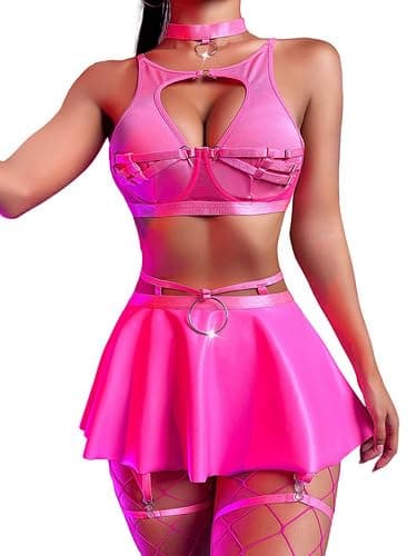 Allribelly Women's Rave Outfit Underwire Bra & Mini Skirt with Stockings Costume