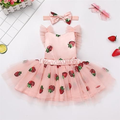 Toddler Baby Girls Strawberry Cherry Dress with Headband for Cake Smash Photo Shoot