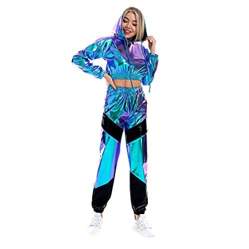 Women's Metallic Shiny Crop Top Hoodie and Long Pants Outfit for Rave Outfits and Disco Dance Clubwear