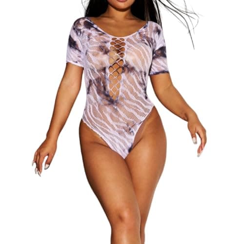 MINGSEECESS Women's Rainbow Striped See-Through Bodysuit Bikini Cover-Up
