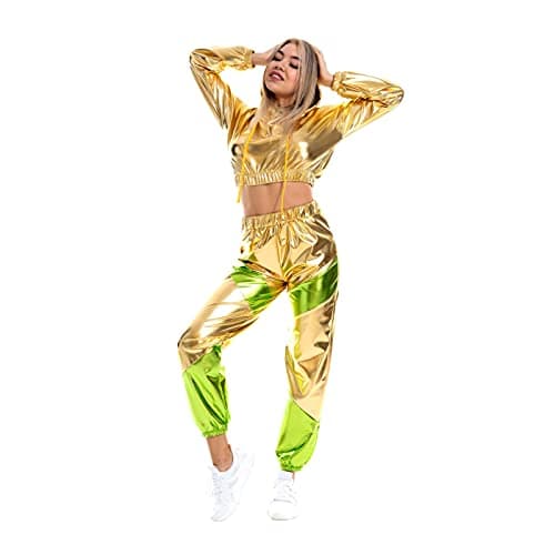 Women's Metallic Shiny Crop Top Hoodie and Long Pants Outfit for Rave Outfits and Disco Dance Clubwear