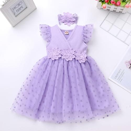 Girls Birthday Dress with Headband - Toddler Baby Flowy Tulle Wedding Party Cake Smash Photo Shoot
