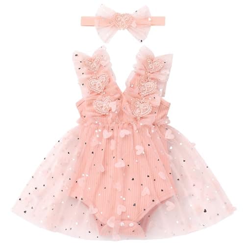 Newborn Baby Girl 1st Birthday Lace Tulle Romper Dress with Floral Headband