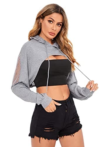 Verdusa Sheer Fishnet Drop Shoulder Hoodie Crop Sweatshirt