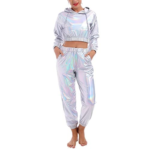 Women's Metallic Shiny Crop Top Hoodie and Long Pants Outfit for Rave Outfits and Disco Dance Clubwear